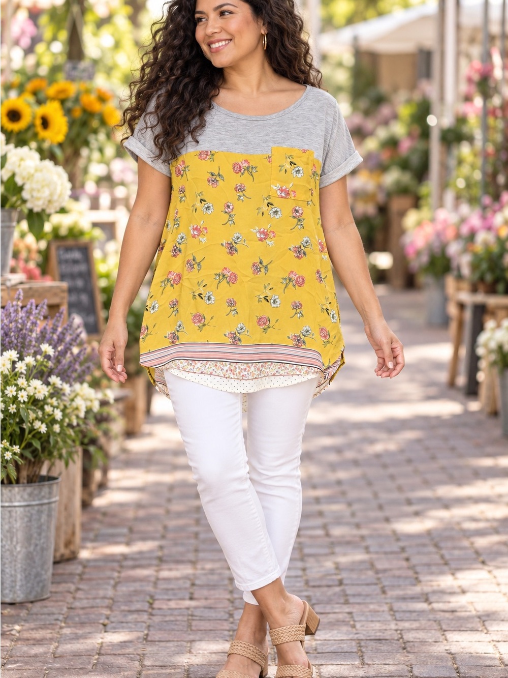 Rewind Yellow Floral Colorblock Tunic with Gray Yoke